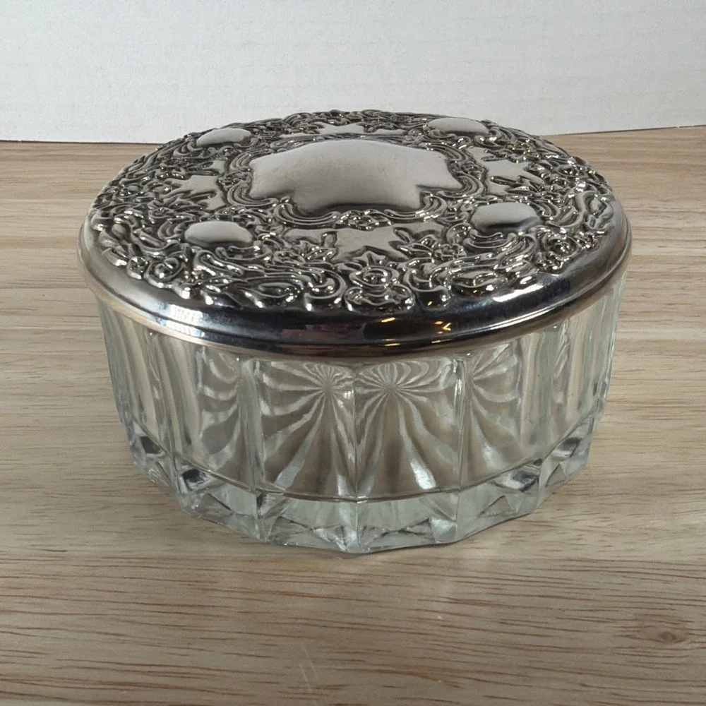 Vintage Godinger Glass Trinket Box with Silver Plated Lid Vanity Powder Jar